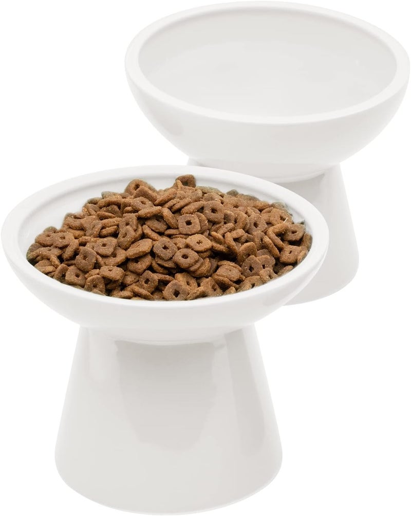 CEEFU 2 Elevated Ceramic Cat Bowls Extra Wide for Food & Water – Whisker Fatigue Shallow Food Dish, Lead & Cadmium-Free, Raised Height for Cats and Dogs, Two Different Depth Bowls, White - Image 1